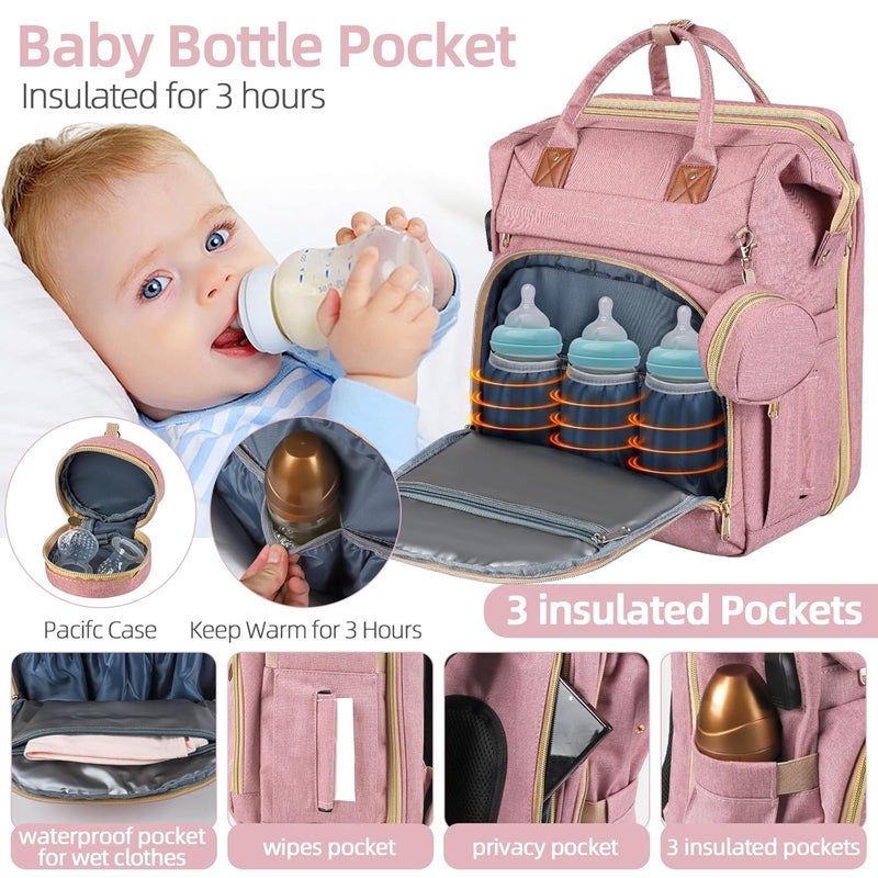 ZRSUN Baby Diaper Bag Backpack,Baby Shower Gifts, Multifunctional Travel Diaper Bag, Gifts for Mom with Portable Diaper Pad,Pink - Image 3